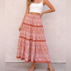 Japna Coral and White Tiered Maxi Skirt